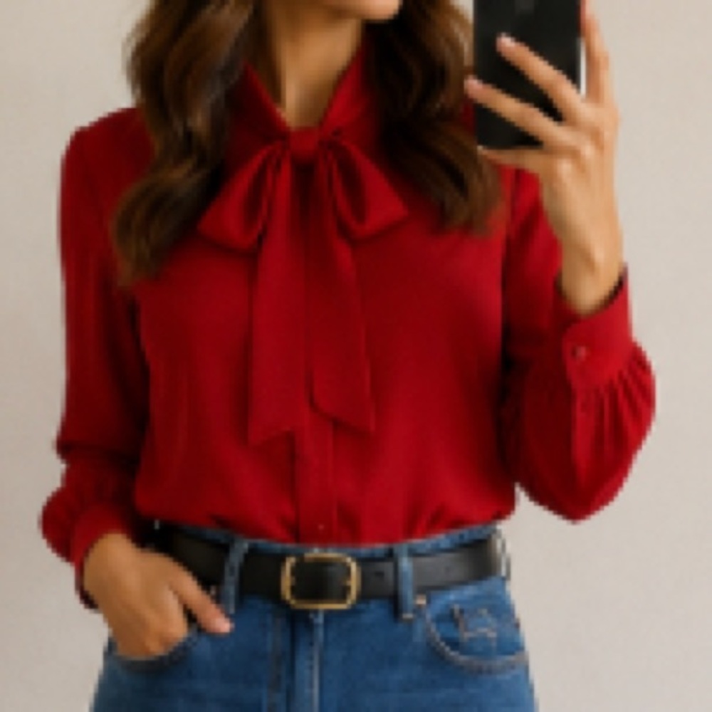 Ann Taylor Long Sleeve Red Blouse With Tie Option Size MP